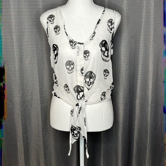 LAST KISS BLACK AND OFF WHITE SKULL SLEEVELESS TOP Small - Picture 1 of 7